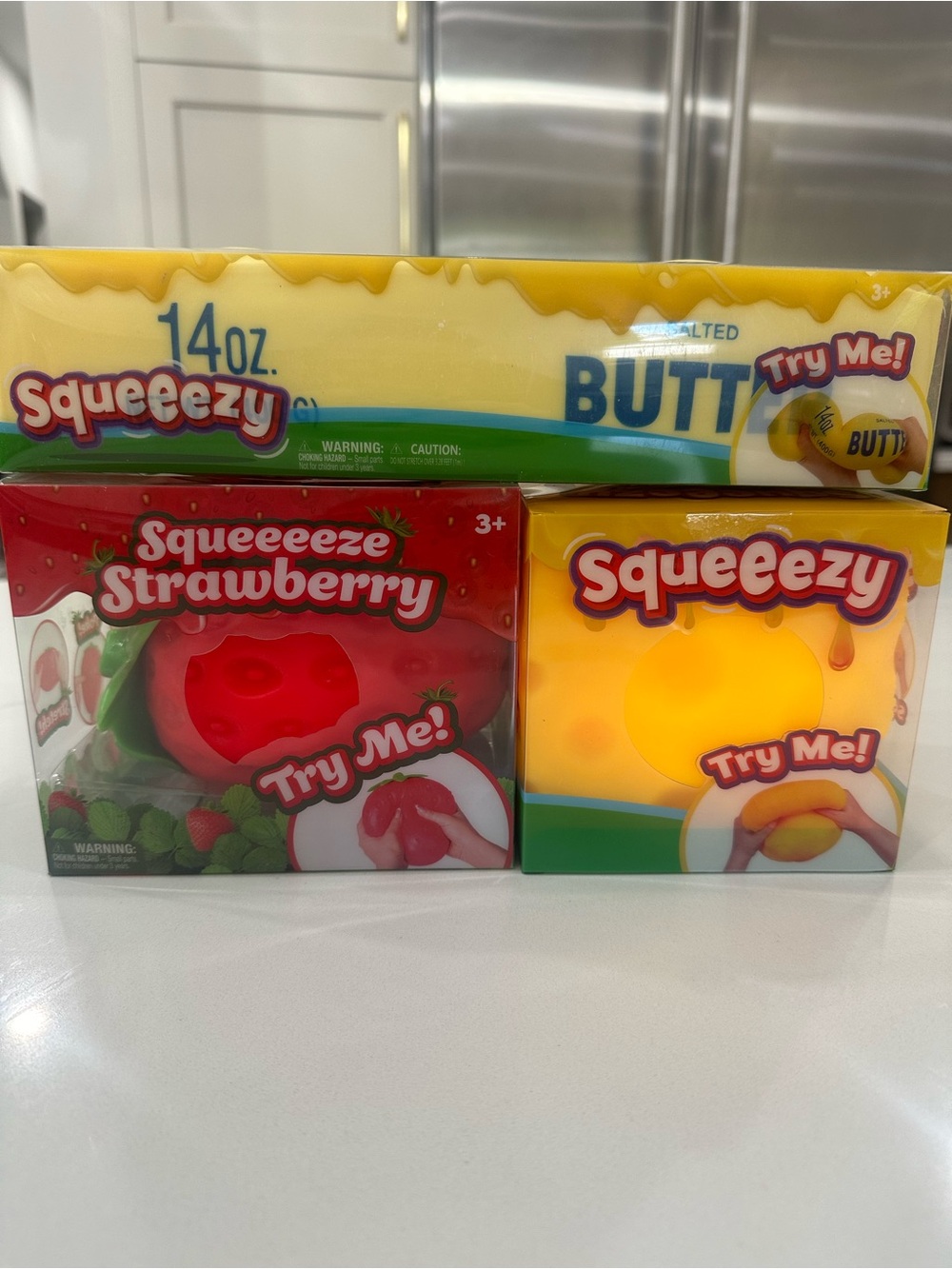 Set of 3 squeezy toys - cheese, butter & strawberry - Sunny Days Brand fast ship